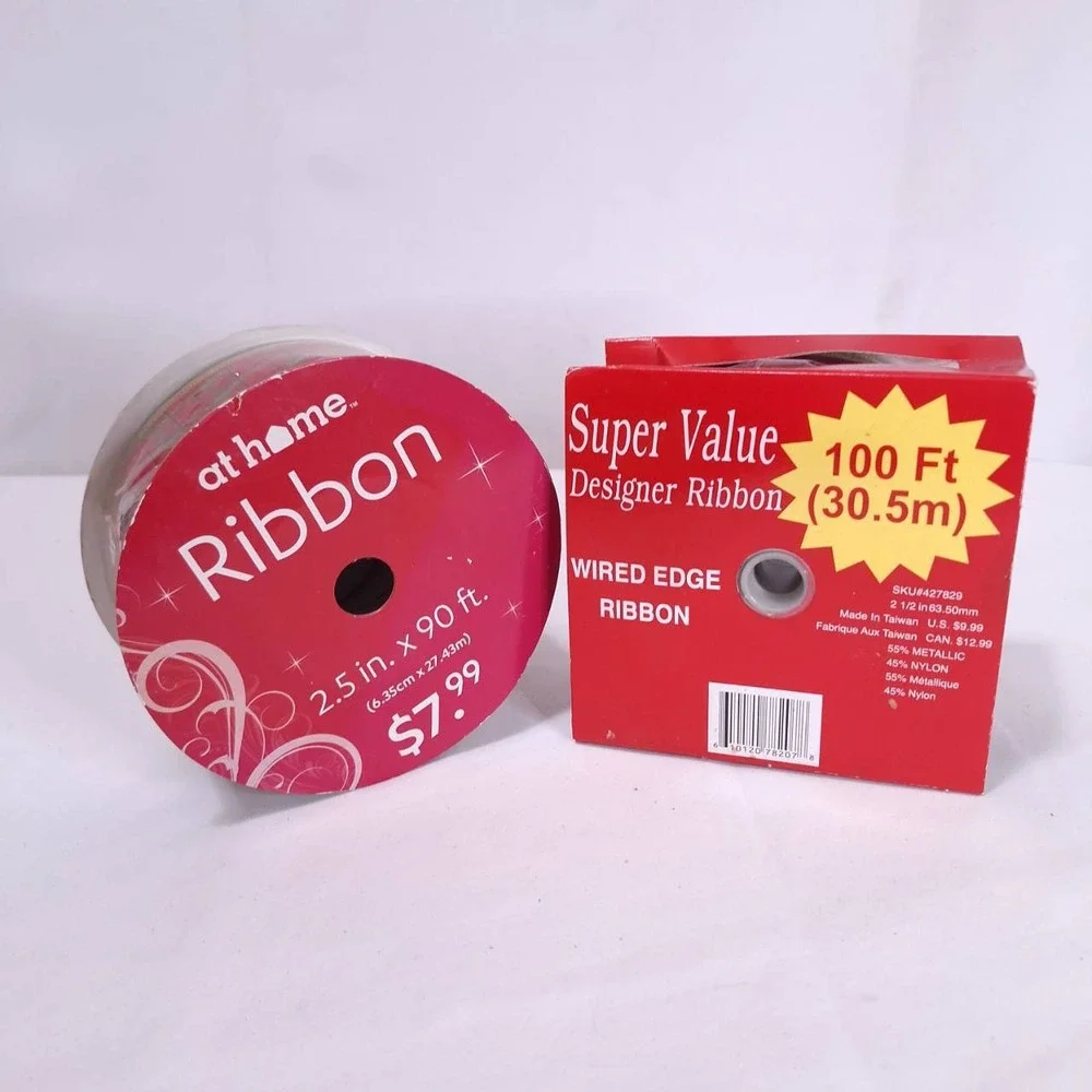 2 At Home Wired‎ Edge Ribbon Red Plaid 2.5in total 190ft Metallic Xmas Holiday